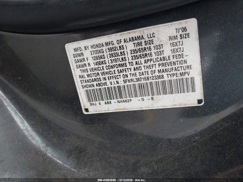 2006 Honda Odyssey Lx VIN: 5FNRL38216B123368 Lot: 43893556