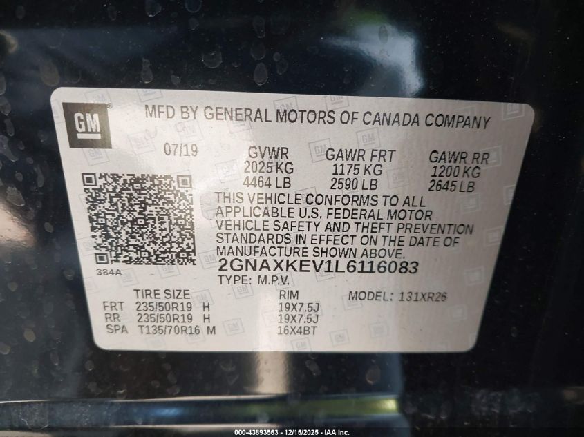 2020 Chevrolet Equinox Fwd Lt 1.5L Turbo VIN: 2GNAXKEV1L6116083 Lot: 43893563