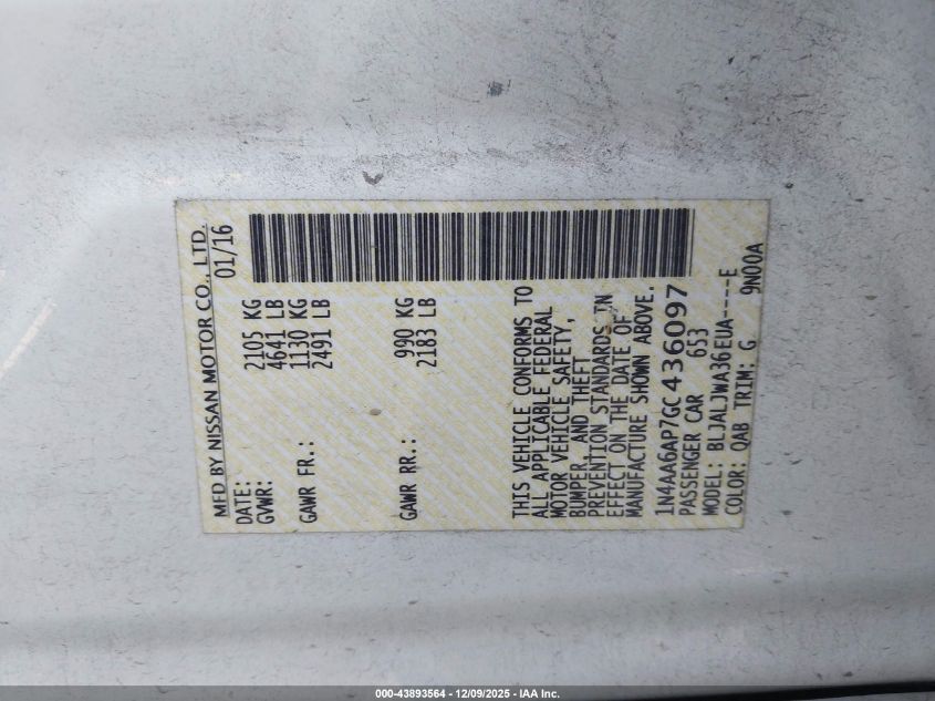2016 Nissan Maxima 3.5 Sv VIN: 1N4AA6AP7GC436097 Lot: 43893564
