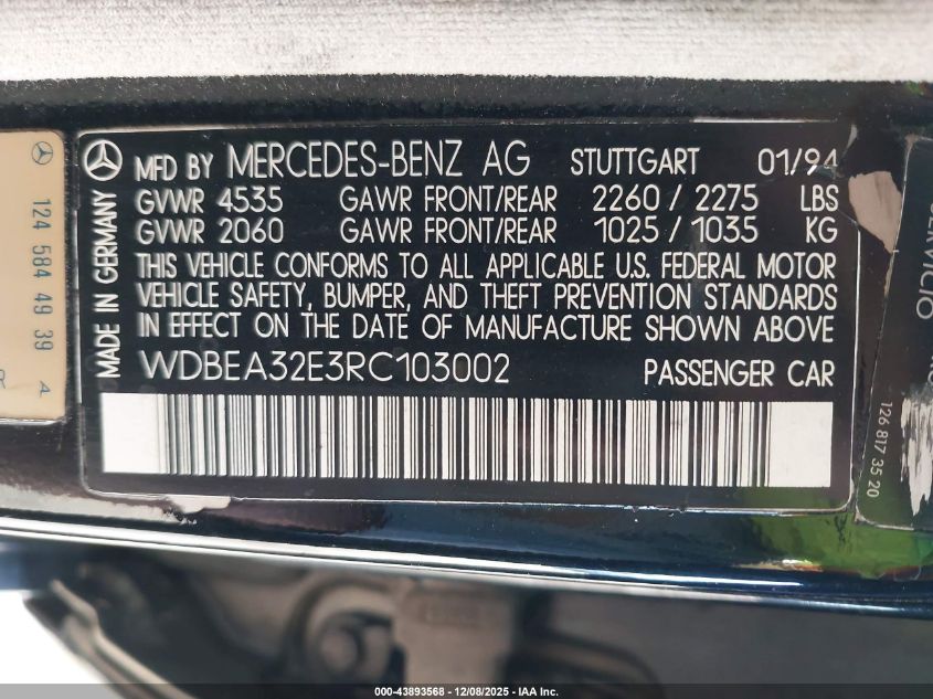 1994 Mercedes-Benz E 320 VIN: WDBEA32E3RC103002 Lot: 43893568