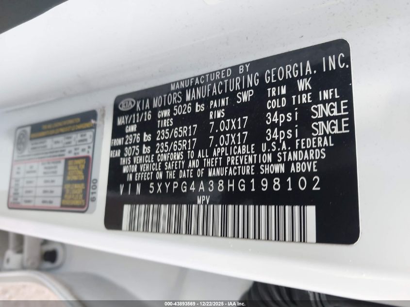 2017 Kia Sorento 2.4L Lx VIN: 5XYPG4A38HG198102 Lot: 43893569