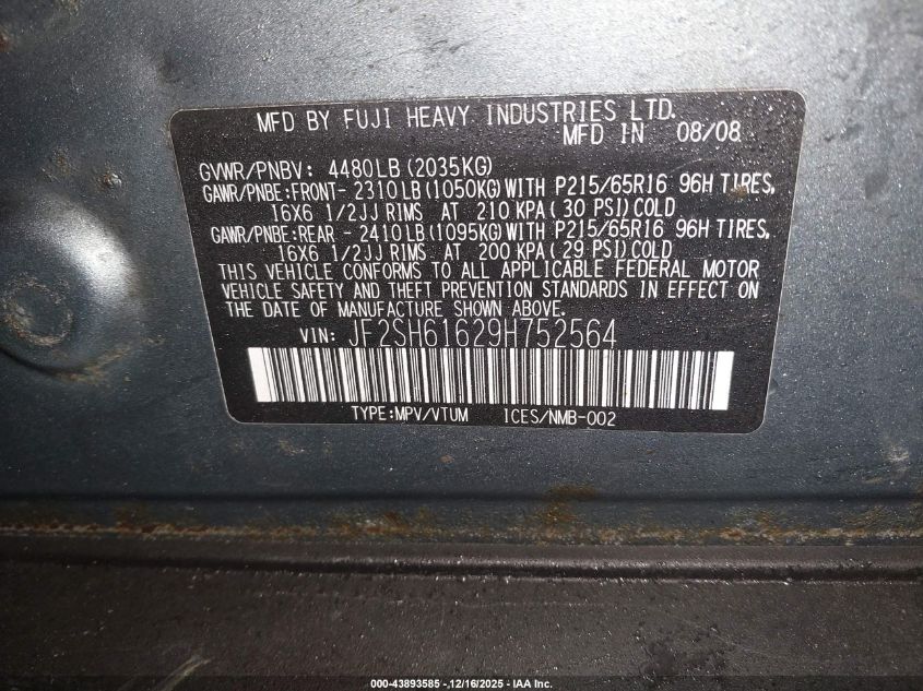 2009 Subaru Forester 2.5X VIN: JF2SH61629H752564 Lot: 43893585