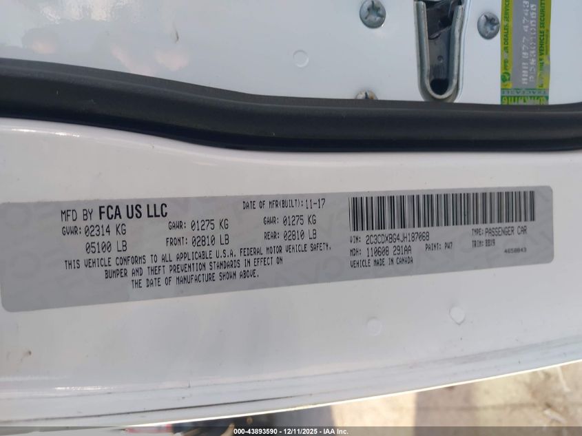 2018 Dodge Charger Sxt Rwd VIN: 2C3CDXBG4JH187068 Lot: 43893590