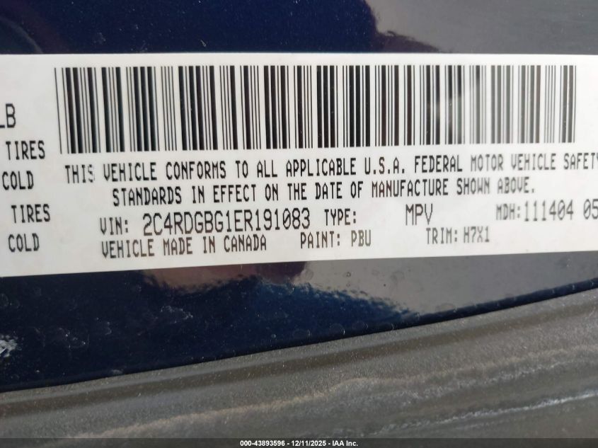 2014 Dodge Grand Caravan American Value Pkg VIN: 2C4RDGBG1ER191083 Lot: 43893596