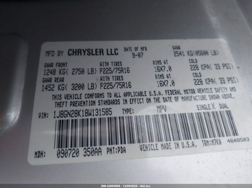 2008 Jeep Liberty Sport VIN: 1J8GN28K18W131585 Lot: 43893598