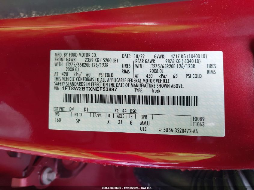 2022 Ford F-250 King Ranch VIN: 1FT8W2BTXNEF53897 Lot: 43893600