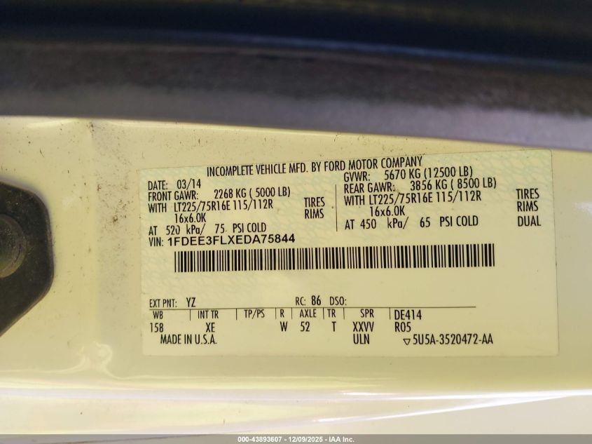 2014 Ford E-350 Cutaway VIN: 1FDEE3FLXEDA75844 Lot: 43893607