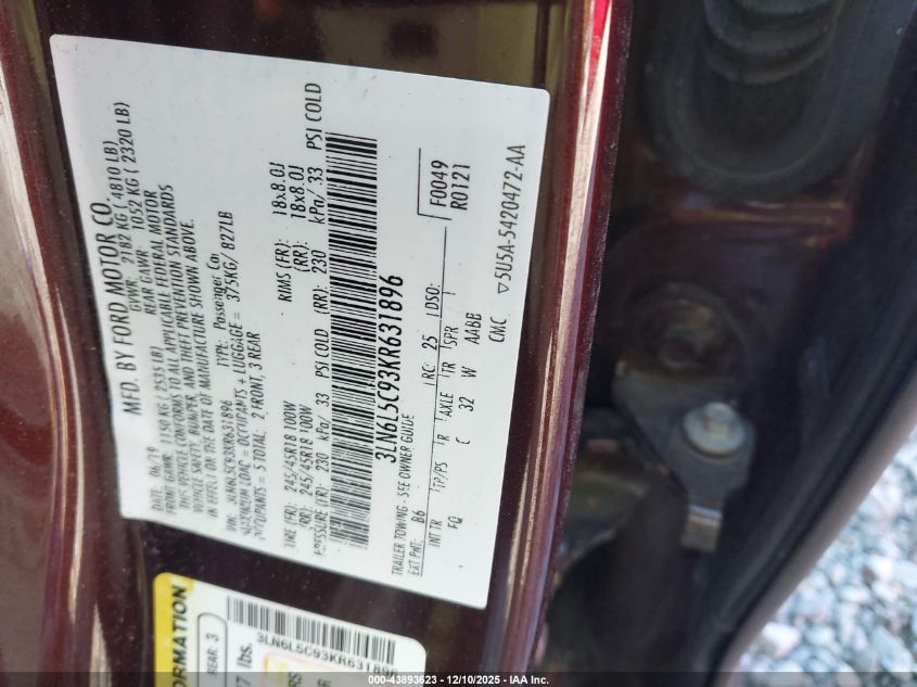 2019 Lincoln Mkz Reserve I VIN: 3LN6L5C93KR631896 Lot: 43893623