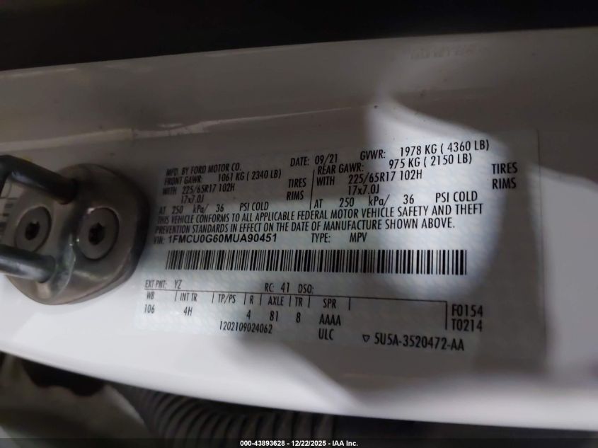 2021 Ford Escape Se VIN: 1FMCU0G60MUA90451 Lot: 43893628