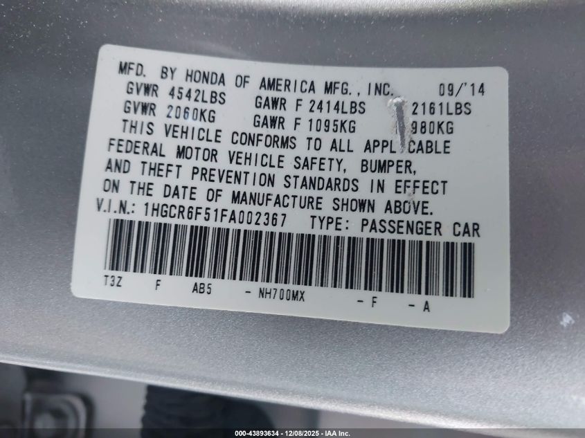 2015 Honda Accord Hybrid Ex-L VIN: 1HGCR6F51FA002367 Lot: 43893634