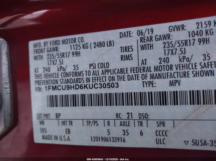 2019 Ford Escape Sel VIN: 1FMCU9HD6KUC30503 Lot: 43893645