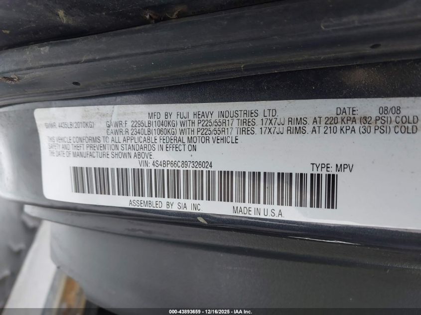 2009 Subaru Outback 2.5I Limited VIN: 4S4BP66C897326024 Lot: 43893659