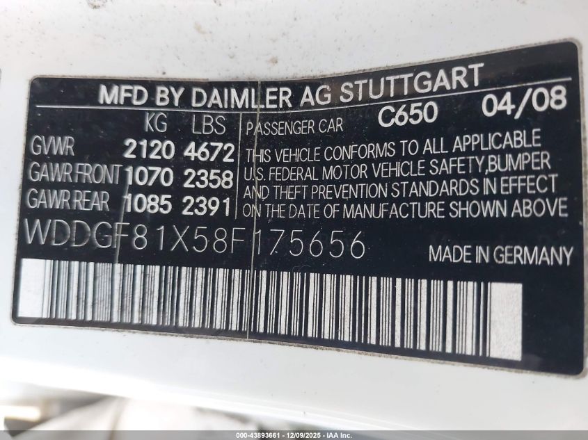 2008 Mercedes-Benz C 300 Luxury 4Matic VIN: WDDGF81X58F175656 Lot: 43893661