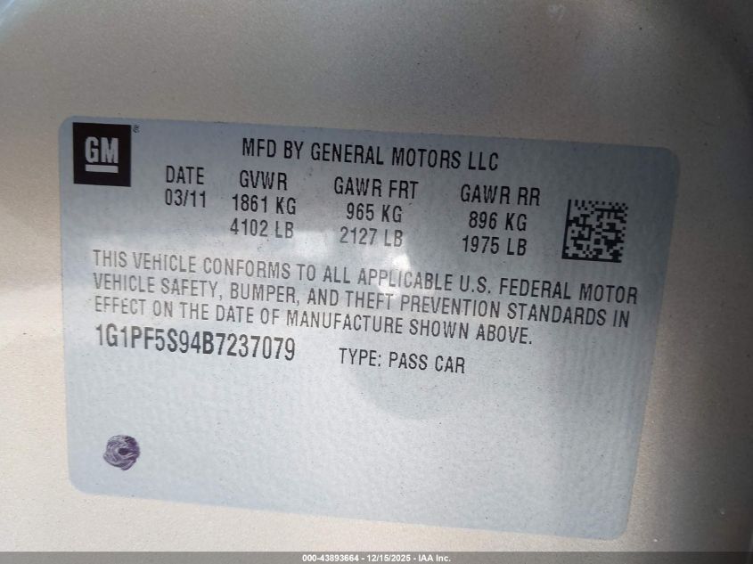 2011 Chevrolet Cruze 1Lt VIN: 1G1PF5S94B7237079 Lot: 43893664