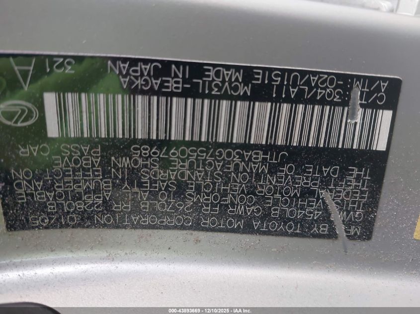 2005 Lexus Es 330 VIN: JTHBA30G755097985 Lot: 43893669