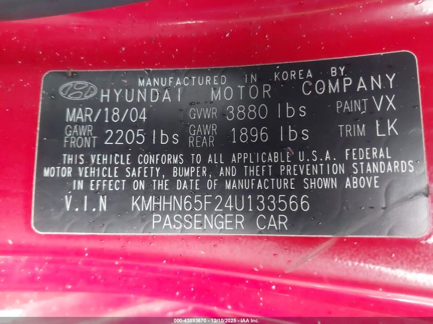 2004 Hyundai Tiburon Gt V6/Gt V6 Special Edition VIN: KMHHN65F24U133566 Lot: 43893670