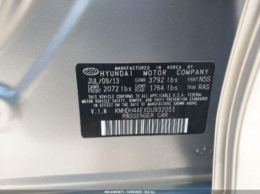 2013 Hyundai Elantra Gls VIN: KMHDH4AEXDU932051 Lot: 43893671