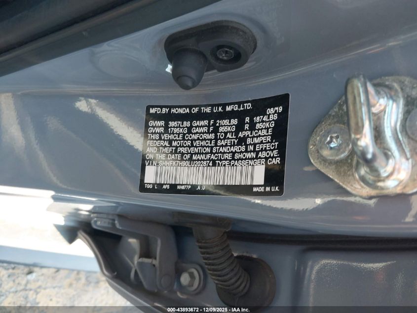 2020 Honda Civic Sport Touring VIN: SHHFK7H90LU202874 Lot: 43893672