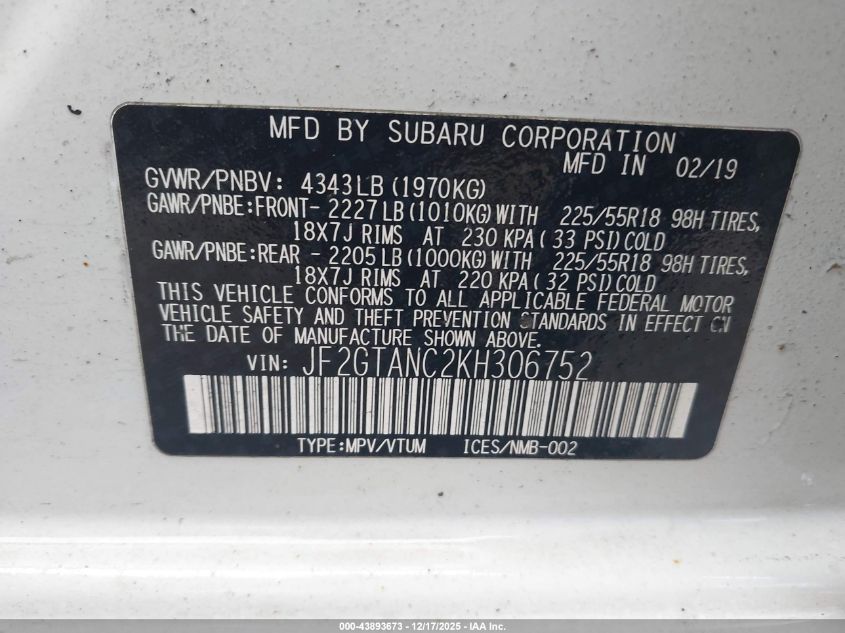 2019 Subaru Crosstrek 2.0I Limited VIN: JF2GTANC2KH306752 Lot: 43893673