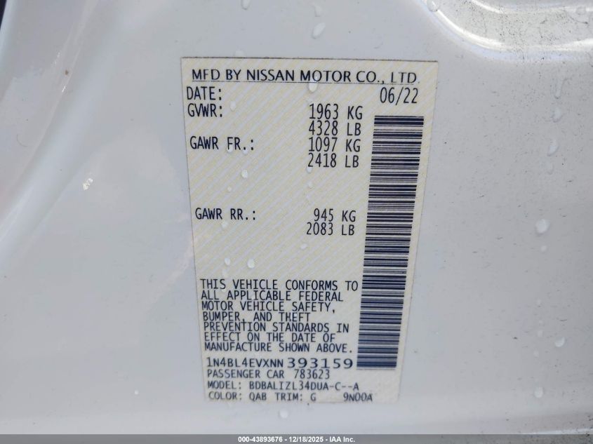 2022 Nissan Altima Sl Fwd VIN: 1N4BL4EVXNN393159 Lot: 43893676