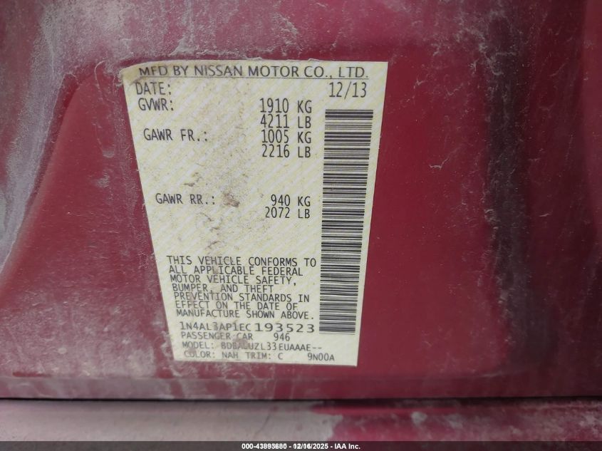 2014 Nissan Altima 2.5 Sv VIN: 1N4AL3AP1EC193523 Lot: 43893680