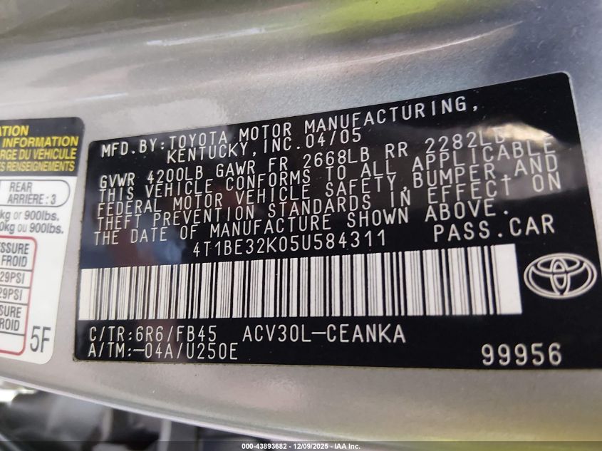 2005 Toyota Camry Le VIN: 4T1BE32K05U584311 Lot: 43893682