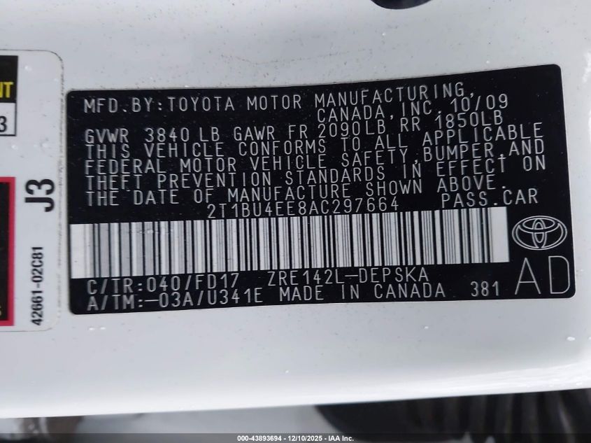 2010 Toyota Corolla S VIN: 2T1BU4EE8AC297664 Lot: 43893694