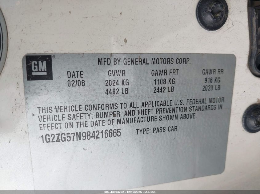 2008 Pontiac G6 VIN: 1G2ZG57N984216665 Lot: 43893702