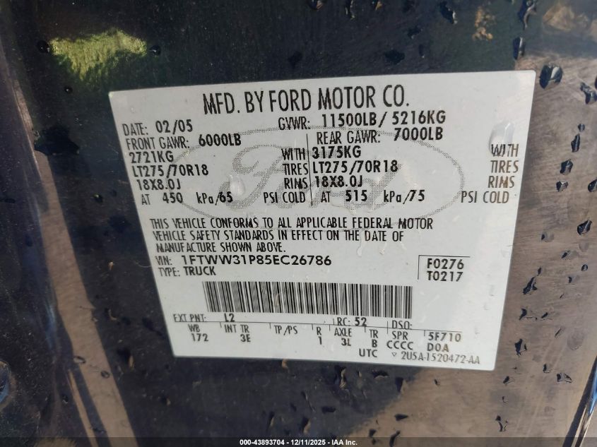 2005 Ford F-350 Lariat/Xl/Xlt VIN: 1FTWW31P85EC26786 Lot: 43893704