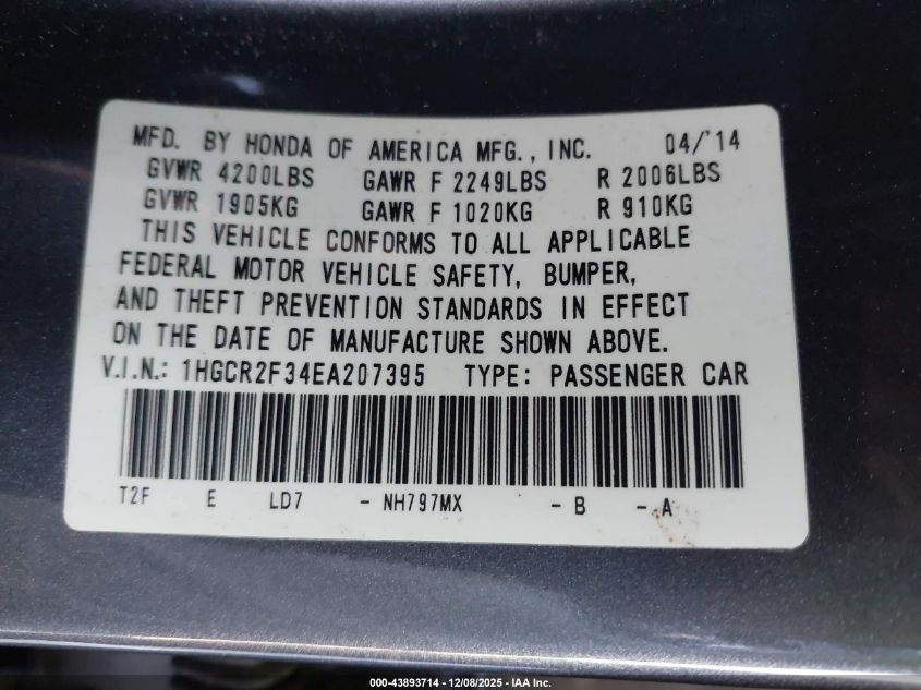 2014 Honda Accord Lx VIN: 1HGCR2F34EA207395 Lot: 43893714