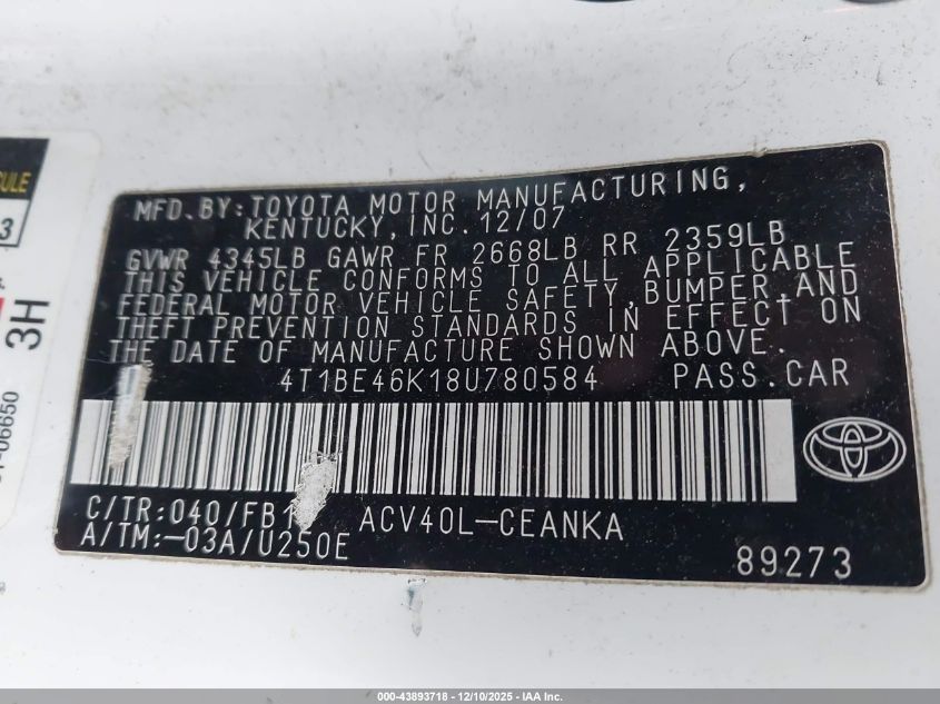 2008 Toyota Camry Le VIN: 4T1BE46K18U780584 Lot: 43893718