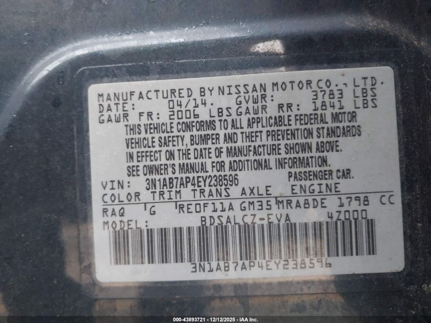 2014 Nissan Sentra S VIN: 3N1AB7AP4EY238596 Lot: 43893721