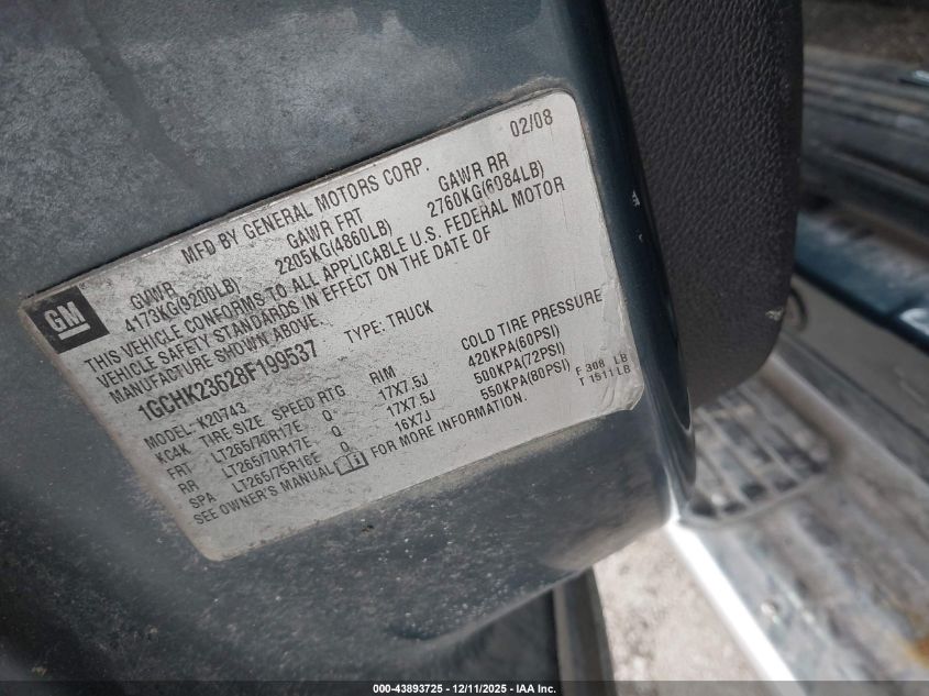 2008 Chevrolet Silverado 2500Hd Ltz VIN: 1GCHK23628F199537 Lot: 43893725