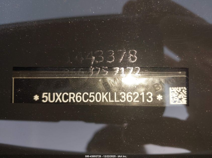 2019 BMW X5 xDrive40I VIN: 5UXCR6C50KLL36213 Lot: 43893728