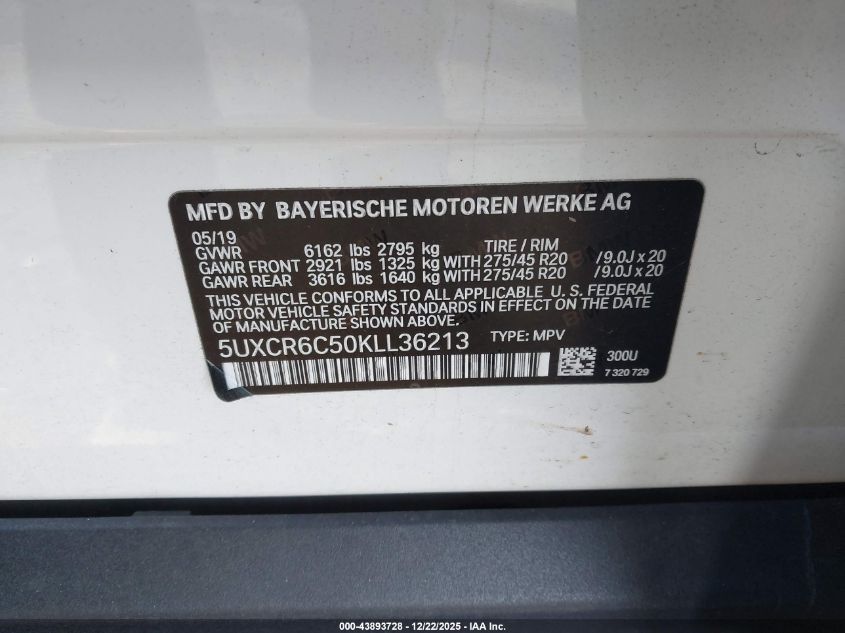 2019 BMW X5 xDrive40I VIN: 5UXCR6C50KLL36213 Lot: 43893728