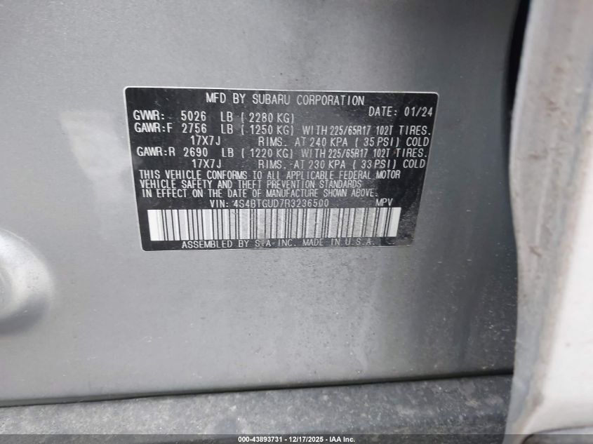 2024 Subaru Outback Wilderness VIN: 4S4BTGUD7R3236500 Lot: 43893731