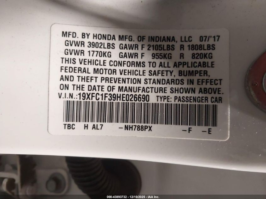 2017 Honda Civic Ex-T VIN: 19XFC1F39HE026690 Lot: 43893732