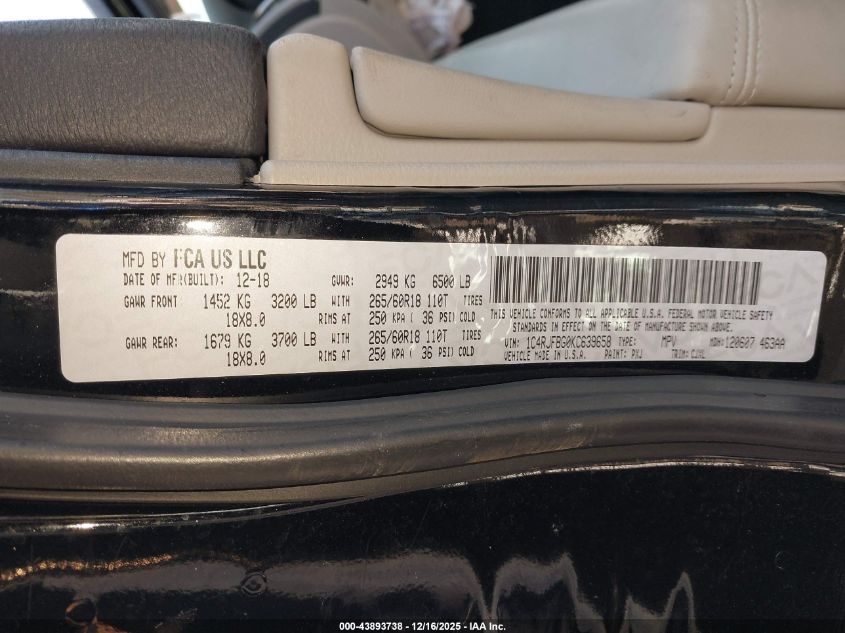 2019 Jeep Grand Cherokee Limited 4X4 VIN: 1C4RJFBG0KC639658 Lot: 43893738