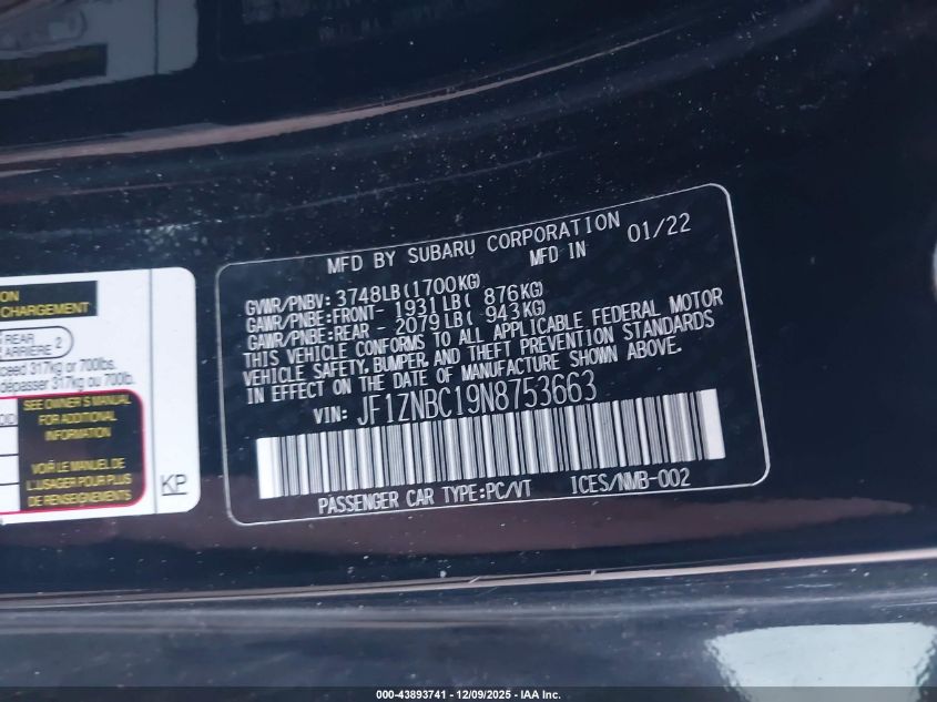 2022 Toyota Gr86 VIN: JF1ZNBC19N8753663 Lot: 43893741