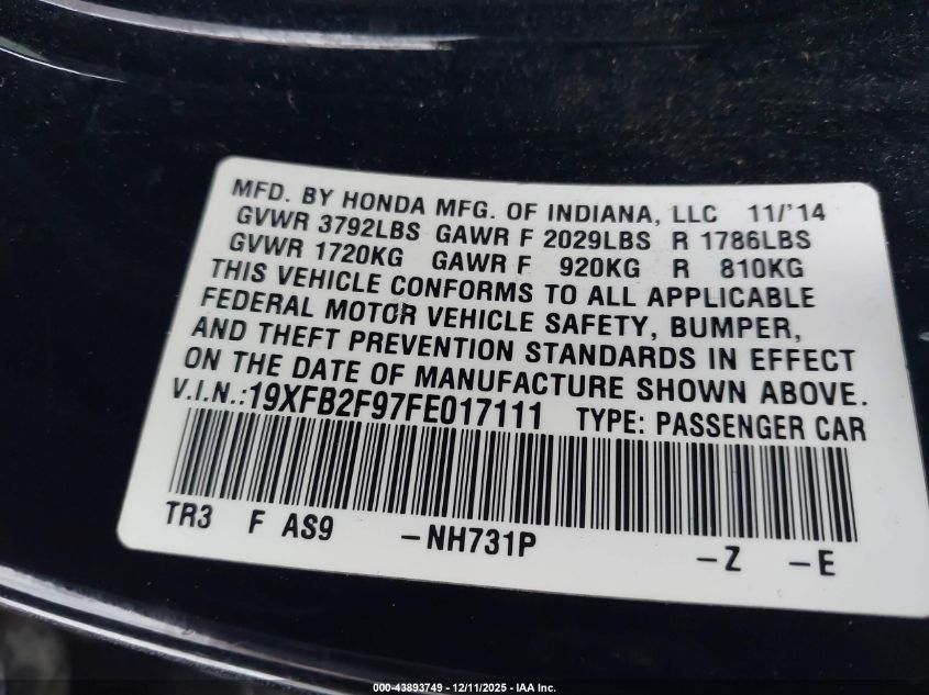 2015 Honda Civic Ex-L VIN: 19XFB2F97FE017111 Lot: 43893749