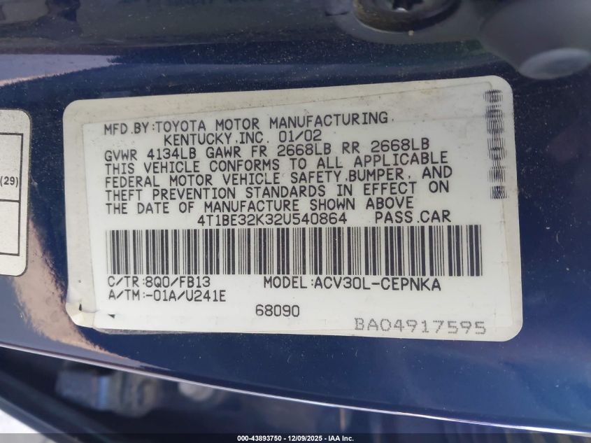 2002 Toyota Camry Le VIN: 4T1BE32K32U540864 Lot: 43893750