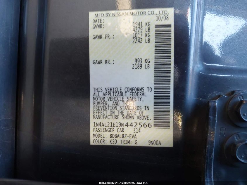 2009 Nissan Altima 2.5 S VIN: 1N4AL21E19N442566 Lot: 43893751