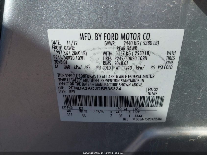 2013 Ford Edge Limited VIN: 2FMDK3KC2DBB35324 Lot: 43893755