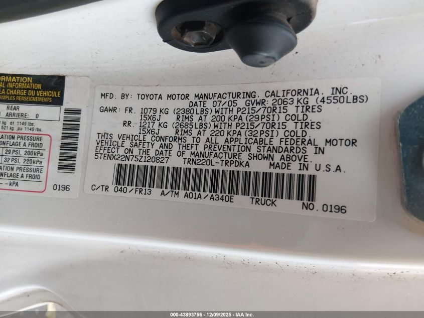 2005 Toyota Tacoma VIN: 5TENX22N75Z120827 Lot: 43893756