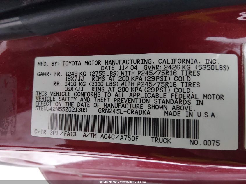 2005 Toyota Tacoma Base V6 VIN: 5TEUU42N55Z021309 Lot: 43893766