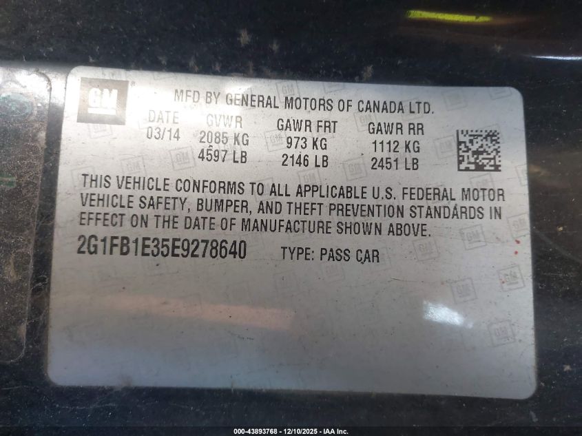 2014 Chevrolet Camaro 1Lt VIN: 2G1FB1E35E9278640 Lot: 43893768