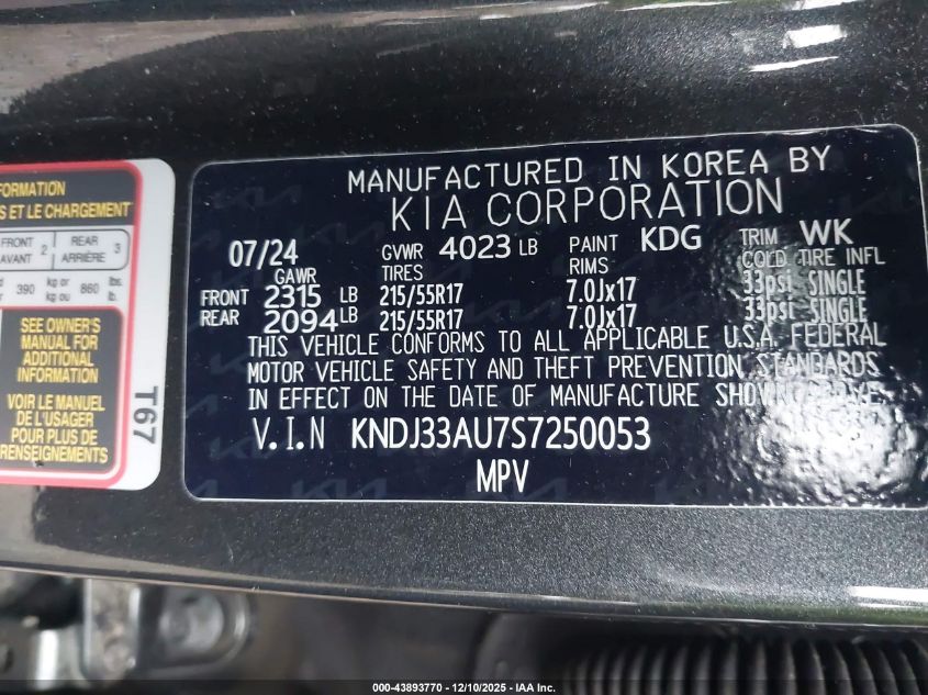 2025 Kia Soul Ex VIN: KNDJ33AU7S7250053 Lot: 43893770