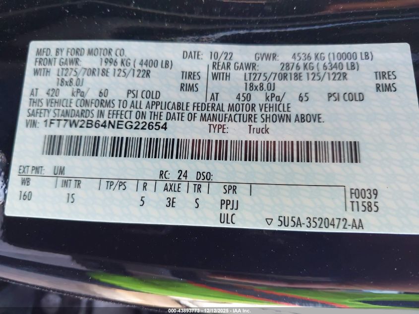 2022 Ford F250 Super Duty VIN: 1FT7W2B64NEG22654 Lot: 43893773