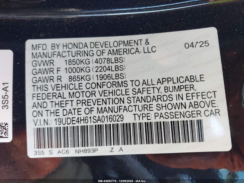 2025 Acura Integra A-Spec Technology VIN: 19UDE4H61SA016029 Lot: 43893775