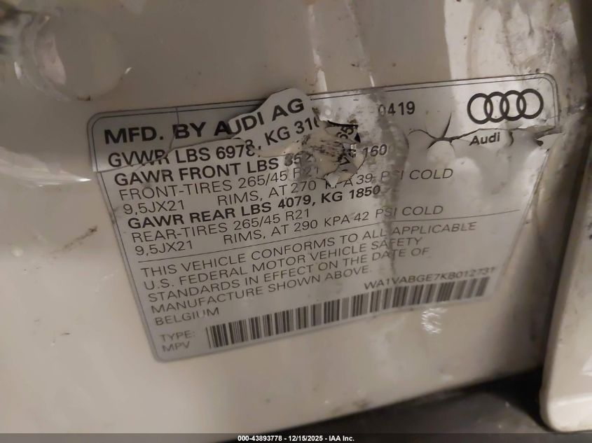 2019 Audi E-Tron Premium Plus VIN: WA1VABGE7KB012731 Lot: 43893778